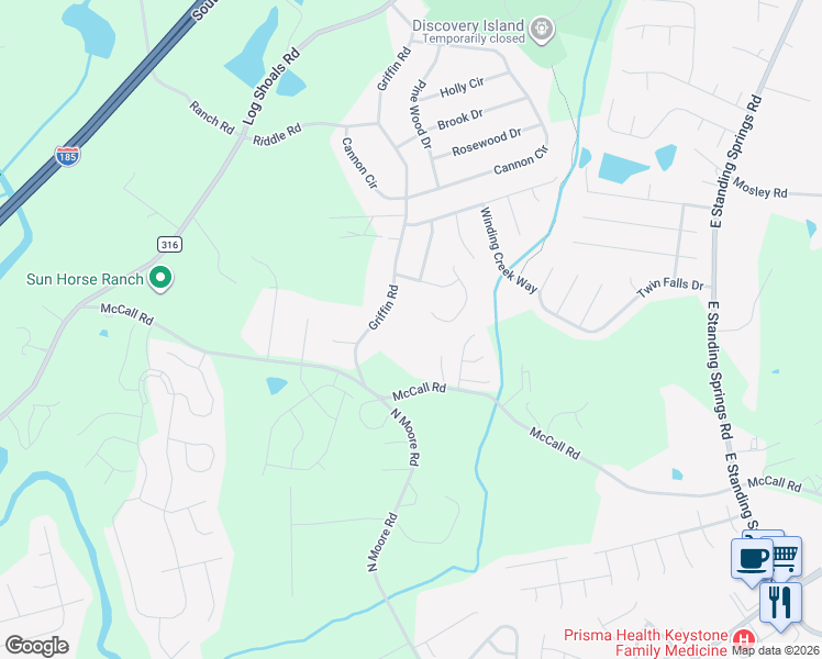 map of restaurants, bars, coffee shops, grocery stores, and more near 449 Griffin Road in Greenville