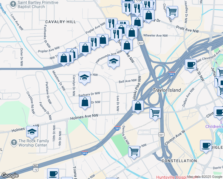 map of restaurants, bars, coffee shops, grocery stores, and more near 1004 Wilson Drive Northwest in Huntsville