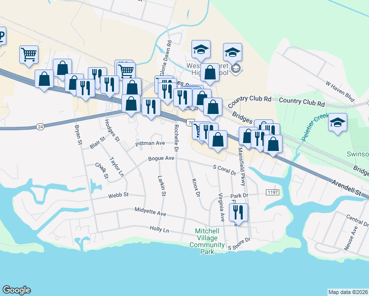 map of restaurants, bars, coffee shops, grocery stores, and more near 113 Rochelle Drive in Morehead City