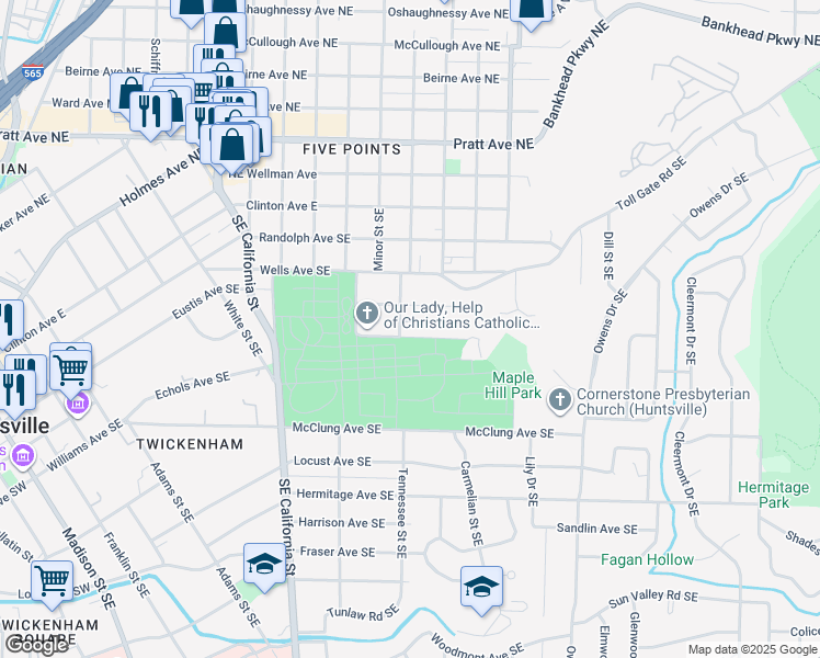 map of restaurants, bars, coffee shops, grocery stores, and more near 1305 Kingsbury Avenue Southeast in Huntsville