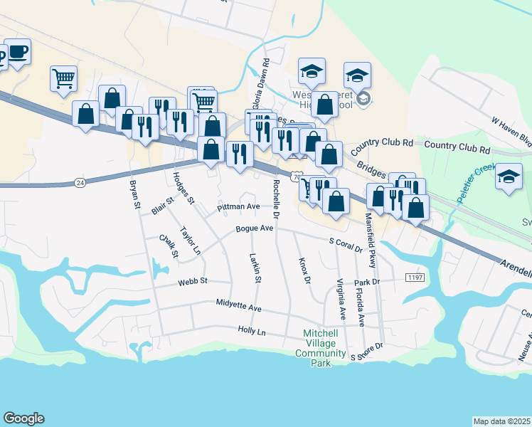 map of restaurants, bars, coffee shops, grocery stores, and more near 112 Rochelle Drive in Morehead City