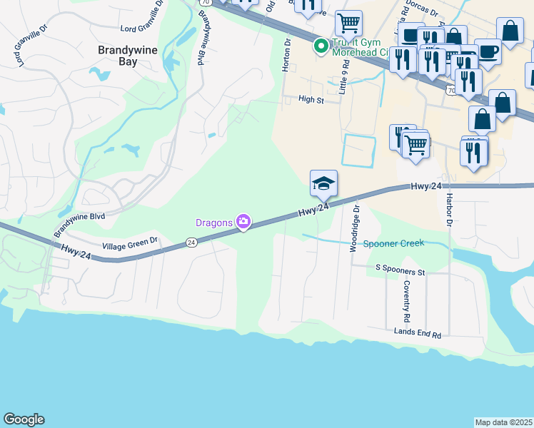 map of restaurants, bars, coffee shops, grocery stores, and more near 422 North Carolina 24 in Morehead City