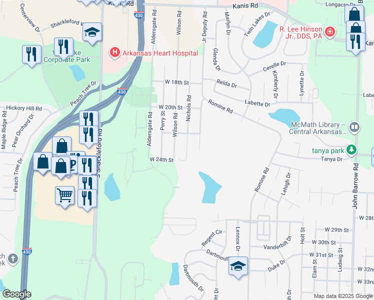 map of restaurants, bars, coffee shops, grocery stores, and more near 2300 Junior Deputy Road in Little Rock