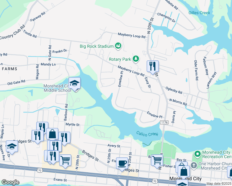 map of restaurants, bars, coffee shops, grocery stores, and more near 2423 Emeline Place in Morehead City