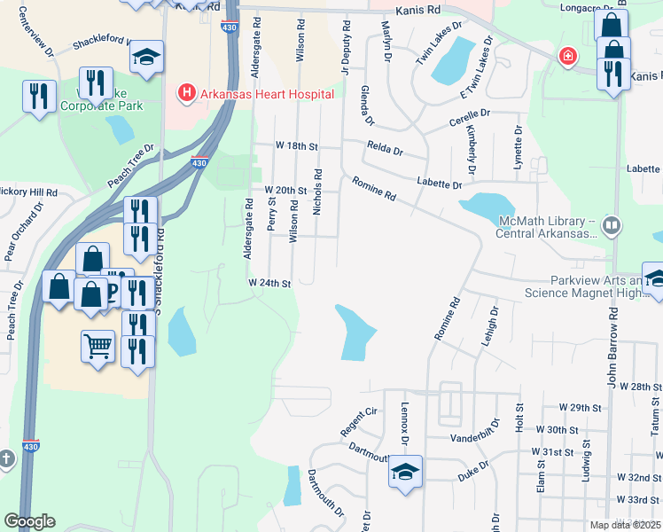 map of restaurants, bars, coffee shops, grocery stores, and more near 2300 Junior Deputy Road in Little Rock
