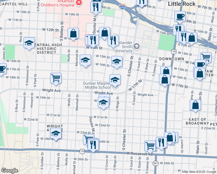 map of restaurants, bars, coffee shops, grocery stores, and more near 1817 South Pulaski Street in Little Rock