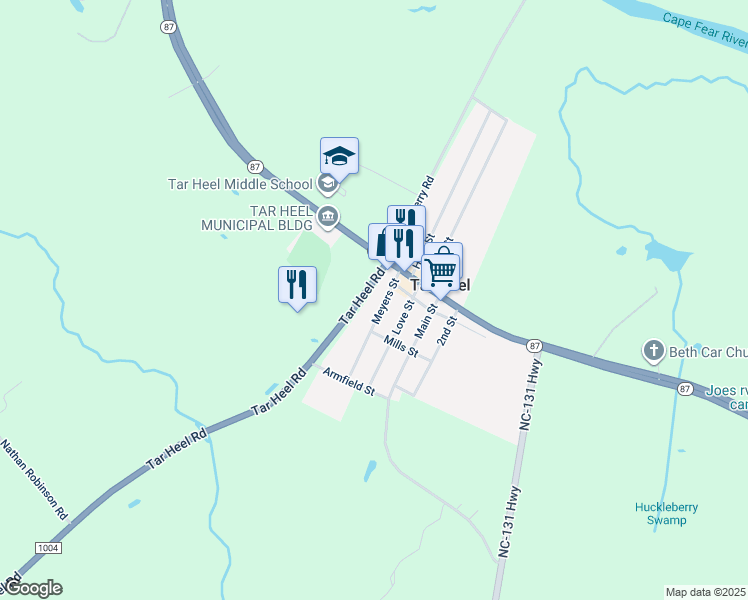 map of restaurants, bars, coffee shops, grocery stores, and more near 115 Tar Heel Road in Lumberton