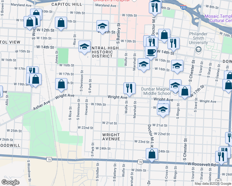 map of restaurants, bars, coffee shops, grocery stores, and more near South Battery Street in Little Rock