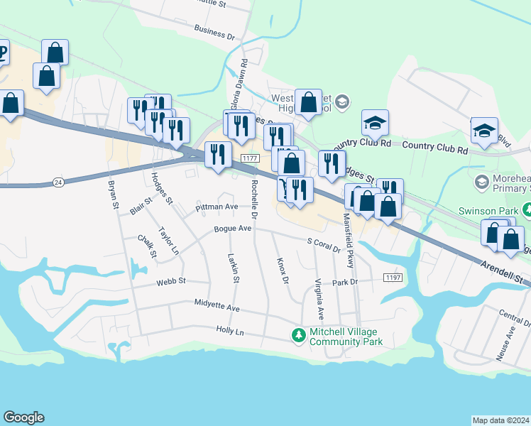 map of restaurants, bars, coffee shops, grocery stores, and more near 113 Rochelle Drive in Morehead City