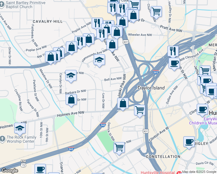 map of restaurants, bars, coffee shops, grocery stores, and more near 1004 Lee Drive Northwest in Huntsville