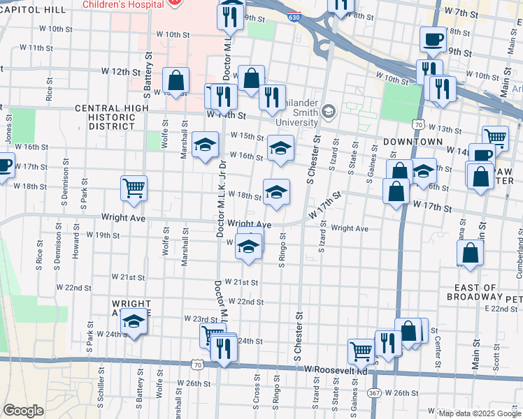 map of restaurants, bars, coffee shops, grocery stores, and more near 1817 South Pulaski Street in Little Rock