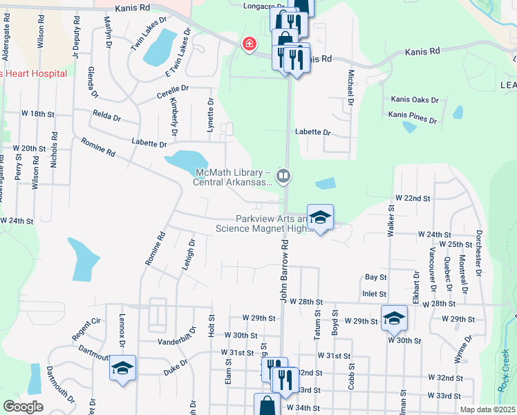 map of restaurants, bars, coffee shops, grocery stores, and more near 8916 Tanya Drive in Little Rock