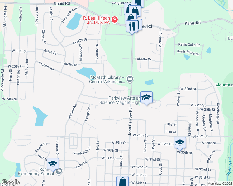map of restaurants, bars, coffee shops, grocery stores, and more near 8916 Tanya Drive in Little Rock