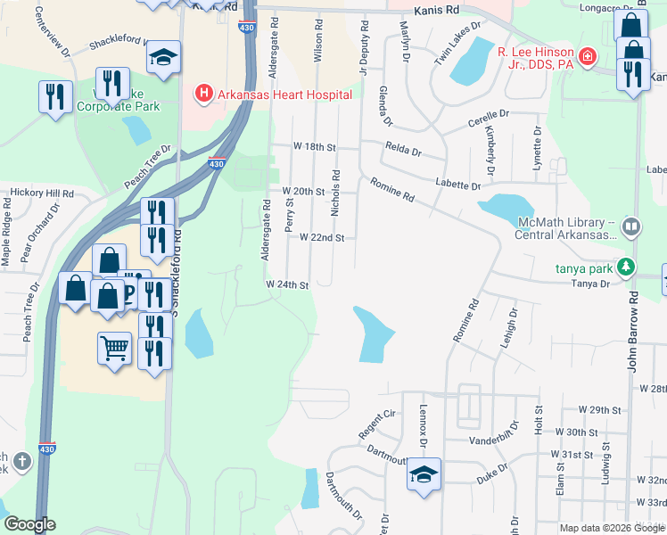 map of restaurants, bars, coffee shops, grocery stores, and more near 2300 Junior Deputy Road in Little Rock
