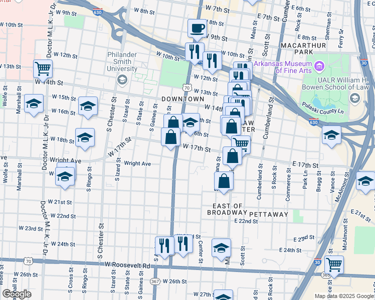 map of restaurants, bars, coffee shops, grocery stores, and more near 1704 South Spring Street in Little Rock
