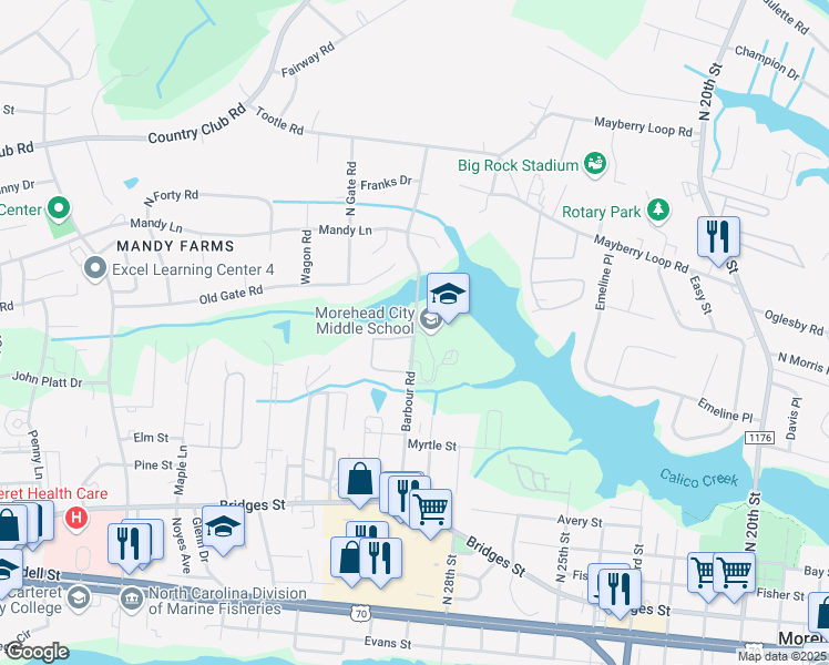 map of restaurants, bars, coffee shops, grocery stores, and more near 461 Barbour Road in Morehead City