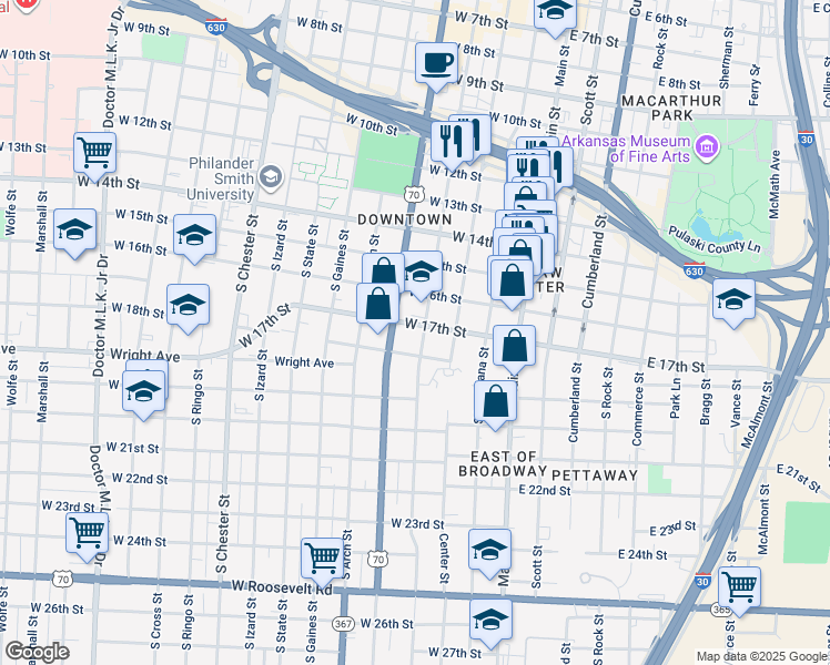 map of restaurants, bars, coffee shops, grocery stores, and more near 1704 South Spring Street in Little Rock