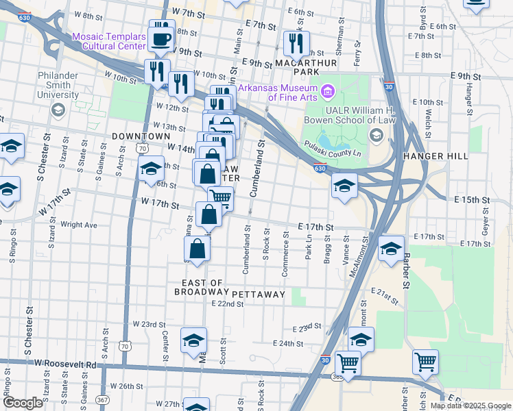 map of restaurants, bars, coffee shops, grocery stores, and more near 305 East 16th Street in Little Rock