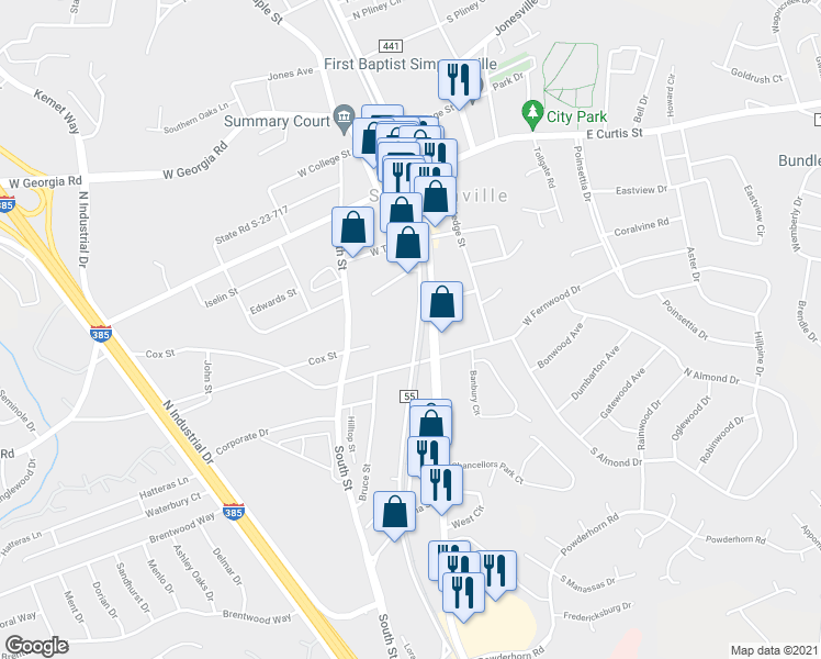 map of restaurants, bars, coffee shops, grocery stores, and more near 312 Southeast Main Street in Simpsonville