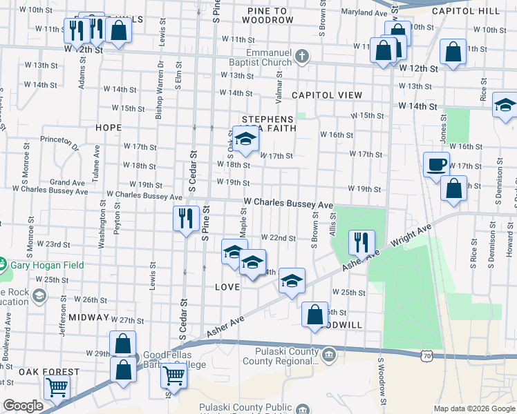 map of restaurants, bars, coffee shops, grocery stores, and more near 2013 South Maple Street in Little Rock