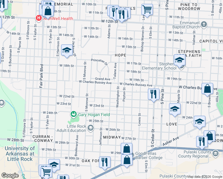 map of restaurants, bars, coffee shops, grocery stores, and more near 4601 West 21st Street in Little Rock