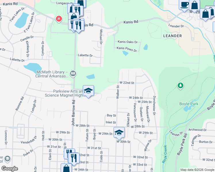 map of restaurants, bars, coffee shops, grocery stores, and more near 8224 West 23rd Street in Little Rock