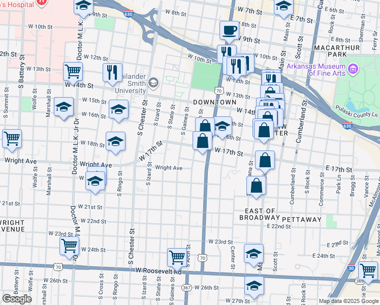 map of restaurants, bars, coffee shops, grocery stores, and more near 1720 South Arch Street in Little Rock