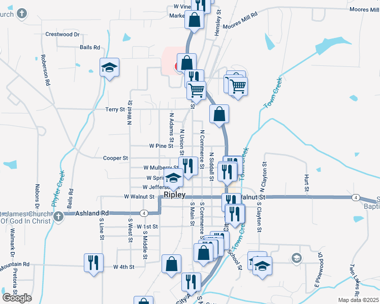 map of restaurants, bars, coffee shops, grocery stores, and more near 403 North Union Street in Ripley