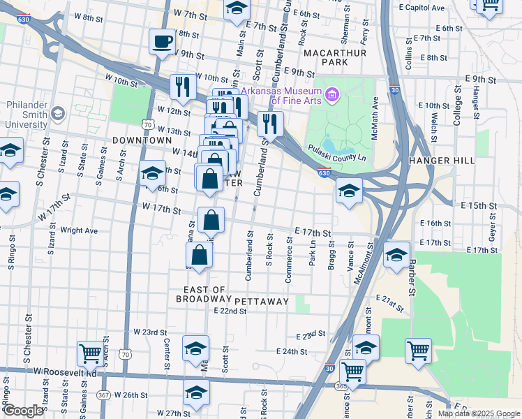 map of restaurants, bars, coffee shops, grocery stores, and more near 305 East 16th Street in Little Rock