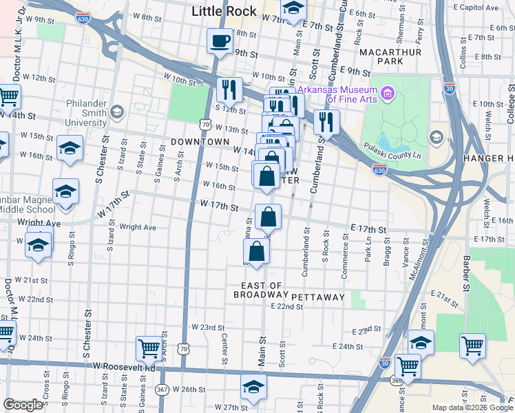 map of restaurants, bars, coffee shops, grocery stores, and more near in Little Rock