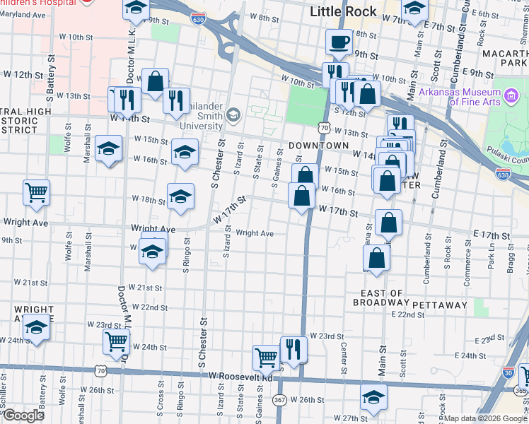 map of restaurants, bars, coffee shops, grocery stores, and more near 1719 South State Street in Little Rock