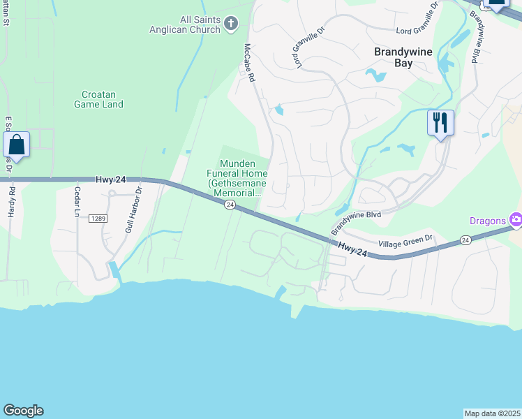 map of restaurants, bars, coffee shops, grocery stores, and more near 121 Oak Drive in Morehead City