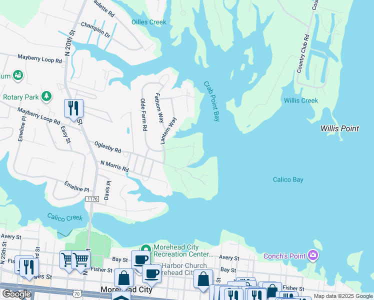 map of restaurants, bars, coffee shops, grocery stores, and more near 1107 Pinnacle Court in Morehead City