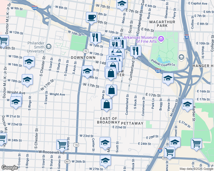 map of restaurants, bars, coffee shops, grocery stores, and more near 1619 South Louisiana Street in Little Rock