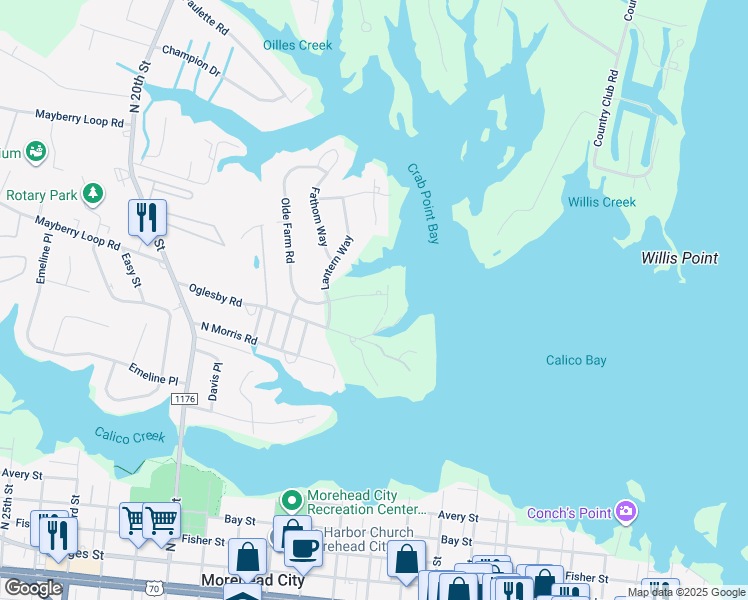 map of restaurants, bars, coffee shops, grocery stores, and more near 1107 Pinnacle Court in Morehead City