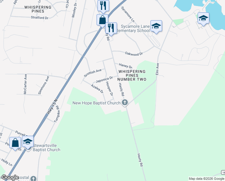 map of restaurants, bars, coffee shops, grocery stores, and more near 11601 Hooper Drive in Laurinburg