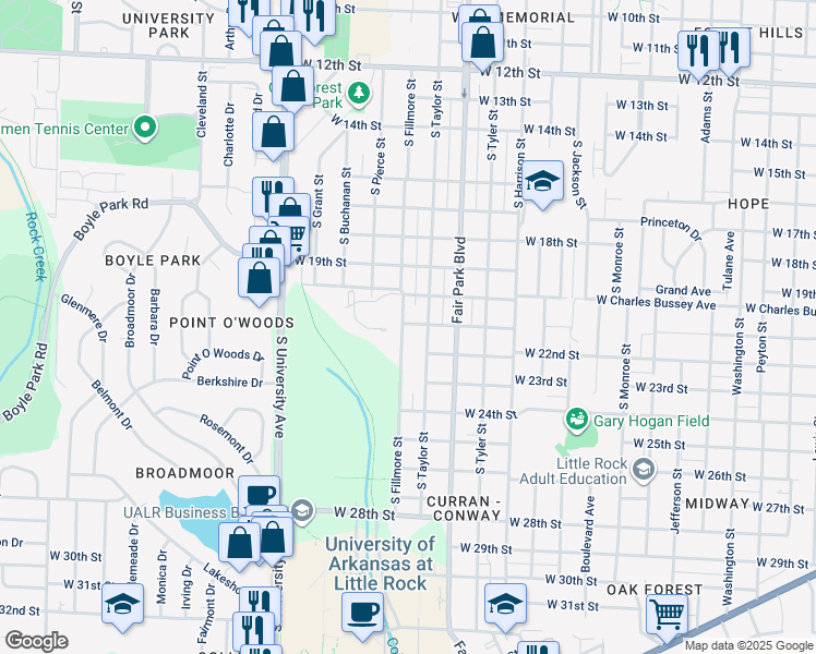 map of restaurants, bars, coffee shops, grocery stores, and more near 2101 South Fillmore Street in Little Rock