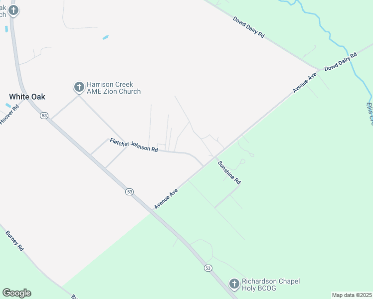 map of restaurants, bars, coffee shops, grocery stores, and more near 104 Fletcher Johnson Road in White Oak