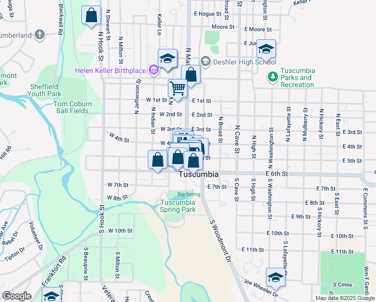 map of restaurants, bars, coffee shops, grocery stores, and more near 100 North Main Street in Tuscumbia