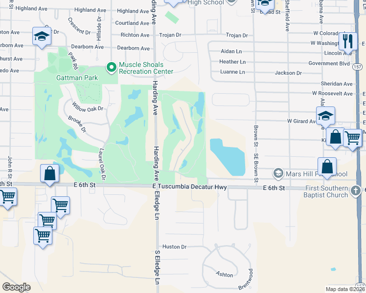 map of restaurants, bars, coffee shops, grocery stores, and more near 2398 Cypress Way in Muscle Shoals
