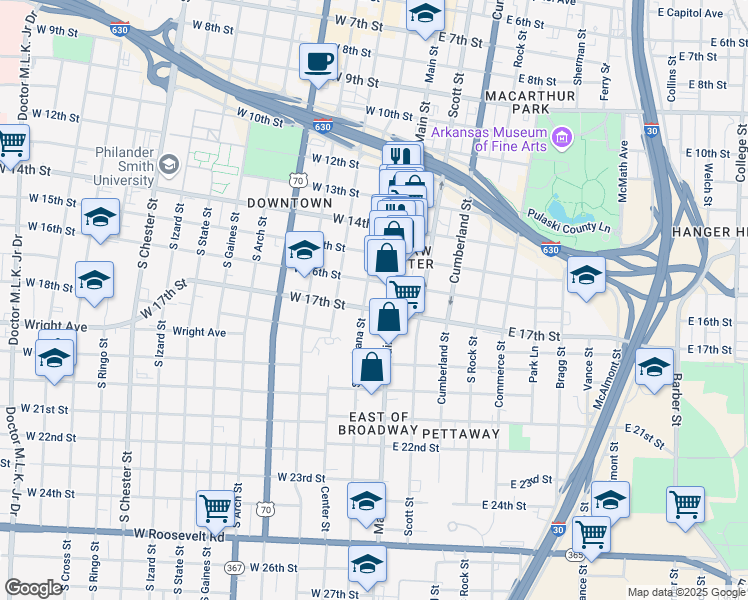 map of restaurants, bars, coffee shops, grocery stores, and more near 1619 South Louisiana Street in Little Rock