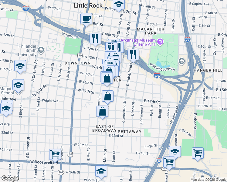 map of restaurants, bars, coffee shops, grocery stores, and more near 1611 Main Street in Little Rock