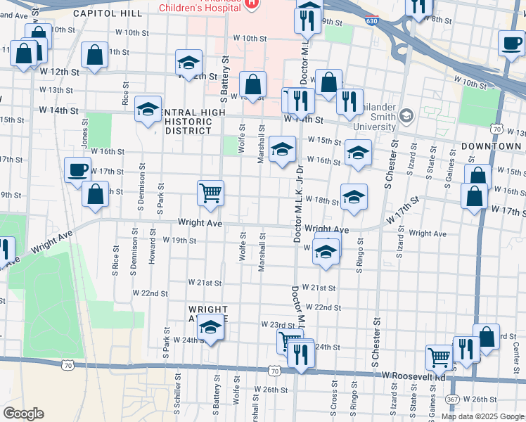 map of restaurants, bars, coffee shops, grocery stores, and more near 1815 Marshall Street in Little Rock