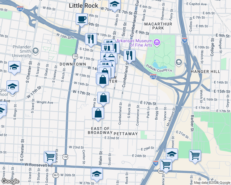 map of restaurants, bars, coffee shops, grocery stores, and more near 1611 Main Street in Little Rock