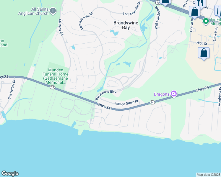 map of restaurants, bars, coffee shops, grocery stores, and more near 100 Brandywine Boulevard in Morehead City