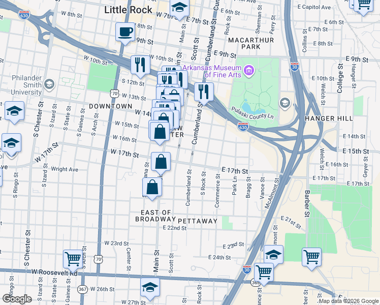 map of restaurants, bars, coffee shops, grocery stores, and more near 1615 Cumberland Street in Little Rock