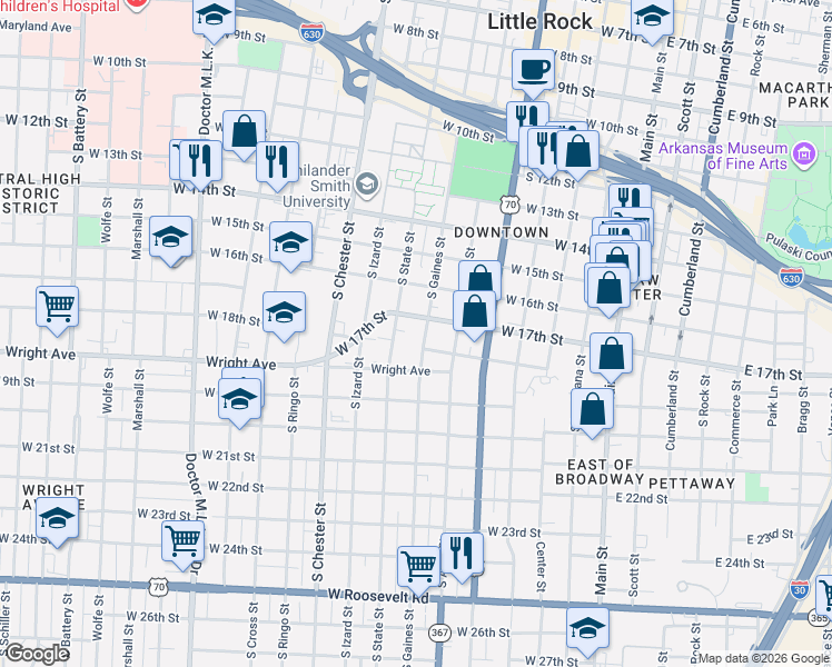 map of restaurants, bars, coffee shops, grocery stores, and more near 1719 South State Street in Little Rock
