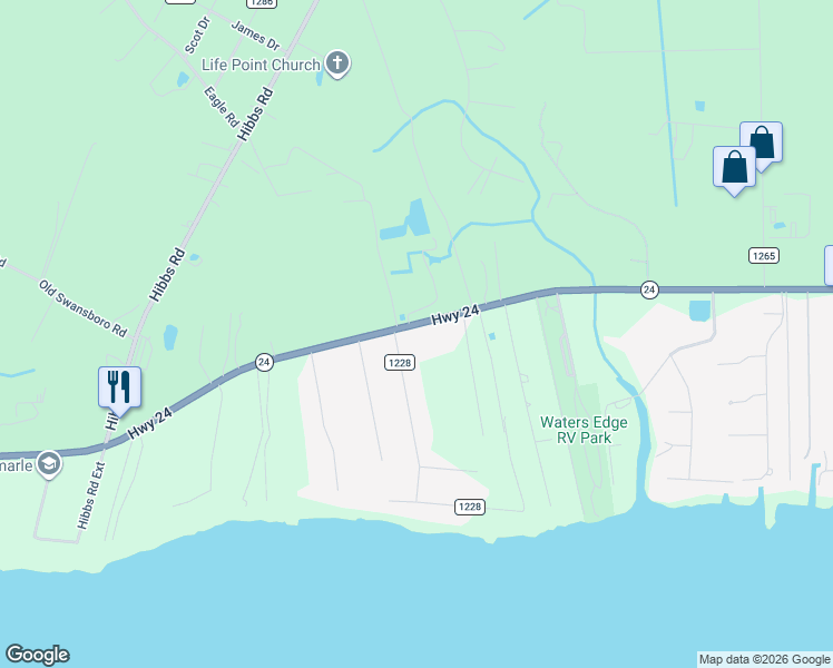 map of restaurants, bars, coffee shops, grocery stores, and more near 1579 North Carolina 24 in Newport