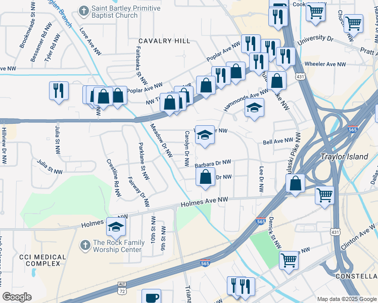 map of restaurants, bars, coffee shops, grocery stores, and more near 2804 Hart Drive Northwest in Huntsville