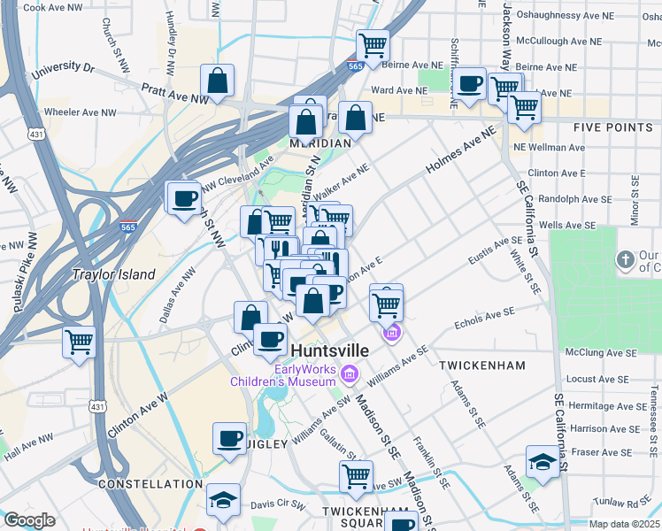 map of restaurants, bars, coffee shops, grocery stores, and more near 228 Holmes Avenue Northeast in Huntsville